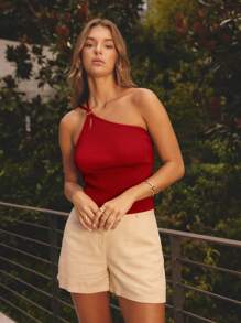 Aralina Top de punto acanalado con detalle de un solo hombro y anillo, unicolor, para mujer, de verano