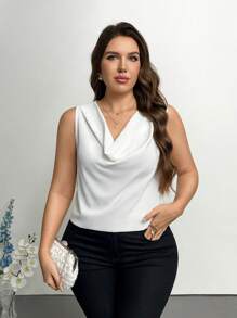 SHEIN Privé 大碼春夏時尚V領搖擺無袖襯衫，適用於度假、派對和約會 - 白色 - 查看 8