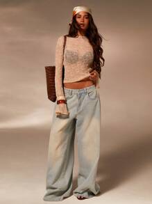 Athîral 女士透明纹理镂空针织上衣，秋季女装，假日，内衬，2000 年代风格，复古，四季 - 杏色 - 查看 6