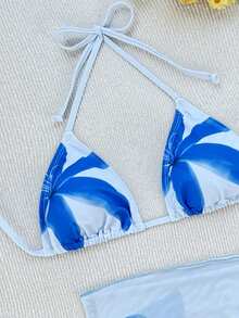 Zestiva 3件套女士花卉印花露背系带性感比基尼泳装，适合海滩度假 - 藍白色 - 查看 4