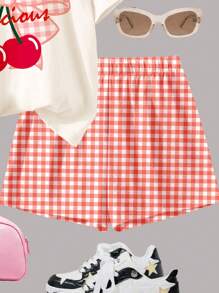 SHEIN Leap Crew 2 件套青少年女孩休闲简约短袖上衣和短裤套装，适合夏季