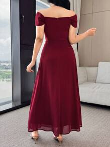 Feyla Đầm dài thanh lịch trễ vai xếp ly cho nữ, tay ngắn, màu trơn - Màu Đỏ Sâu - Xem 4