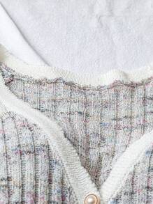 EMERY ROSE 拼色V领前扣休闲短袖毛衣针织上衣女夏季上衣夏季针织上衣女针织上衣可爱短袖上衣荷叶边针织上衣