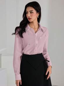 Heiryn Women's Rhinestone Decor Drop Shoulder Long Sleeve Single-Breasted Elegant Blouse - Pink - View 3