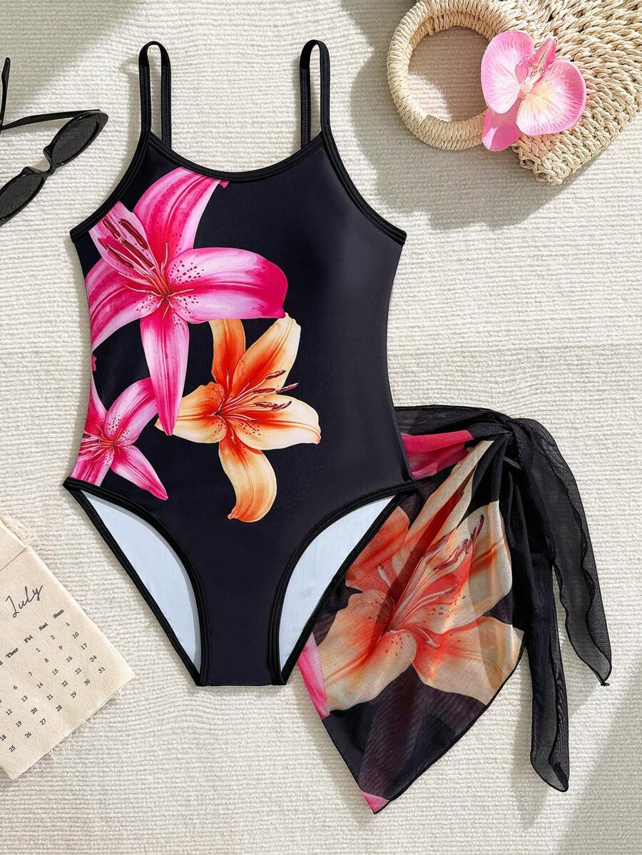 SHEIN Tween Girl Floral Print One-Piece Swimsuit With Mesh Skirt, 2 Pieces Swimsuit - Multicolor - View 1
