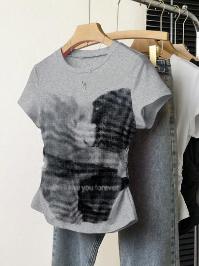 INAWLY Women's Slim Fit Bear Print Round Neck Short Sleeve T-Shirt, Summer