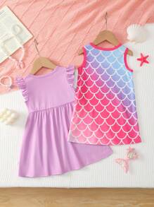 2 In 1 Set,Baby/Toddler Girl Light Pink Summer Cute Graphic Birthday Mermaid Print Princess Dress&Knit Jacquard Ruffle Hem Loungewear Dress For Girl - Multicolor - View 2