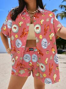 SHEIN EZwear 2 件大码度假休闲条纹海鲜印花衬衫和短裤套装度假 2 件套装海滩 2 件套装