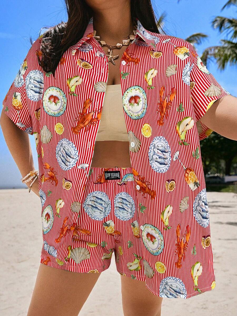 SHEIN EZwear 2 件大码度假休闲条纹海鲜印花衬衫和短裤套装度假 2 件套装海滩 2 件套装