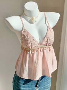 Comfortcana 女士度假花卉刺绣贝壳边吊带背心衬衫