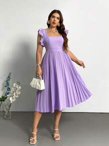 SHEIN Privé Plus Size Elegant And Intellectual Commuting Ruffled Short Sleeve Dress With Pleated Hem, Wedding Guest Dress - Mauve Purple - View 6