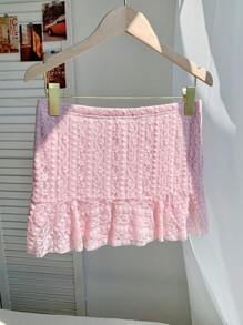 Comfortcana 女式花卉蕾丝荷叶边下摆装饰3D花朵时尚短裙 - 粉色 - 查看 2