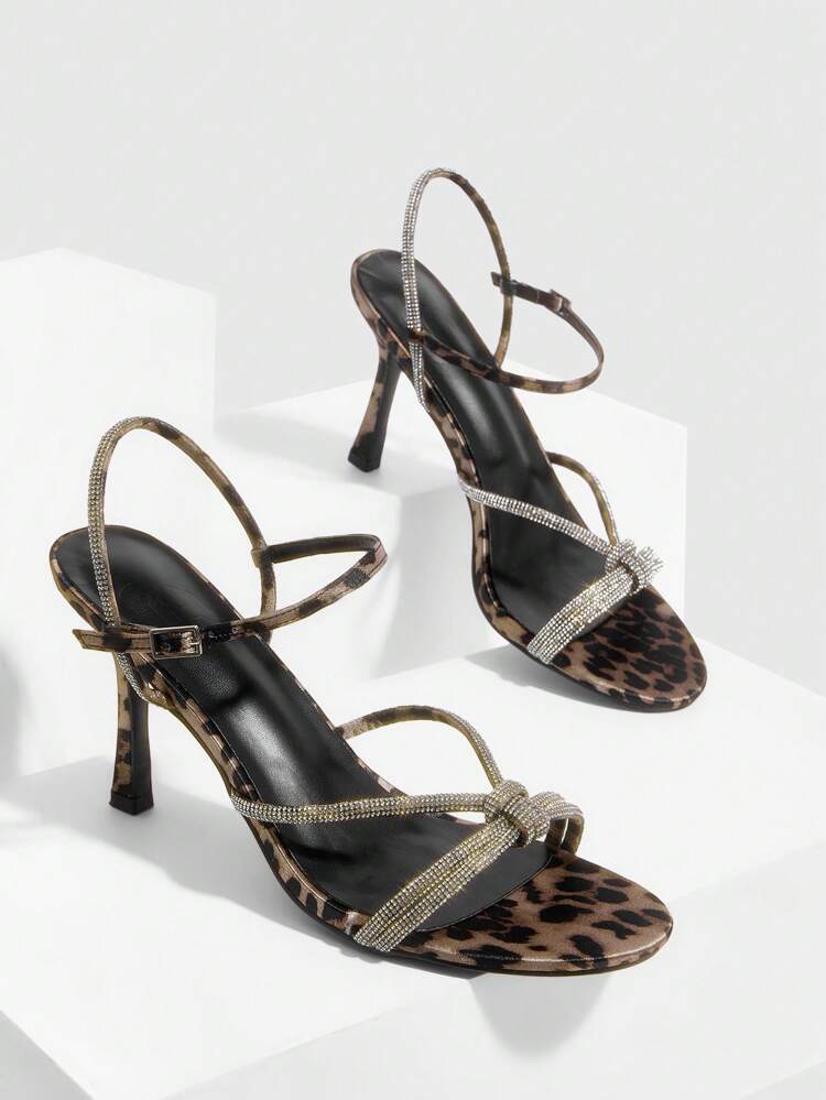 CUCCOO SZL Leopard Print Satin Stilettos With Silver Rhinestones Strap, Chic And Glamorous Pointed Toe Evening High Heel Sandals
