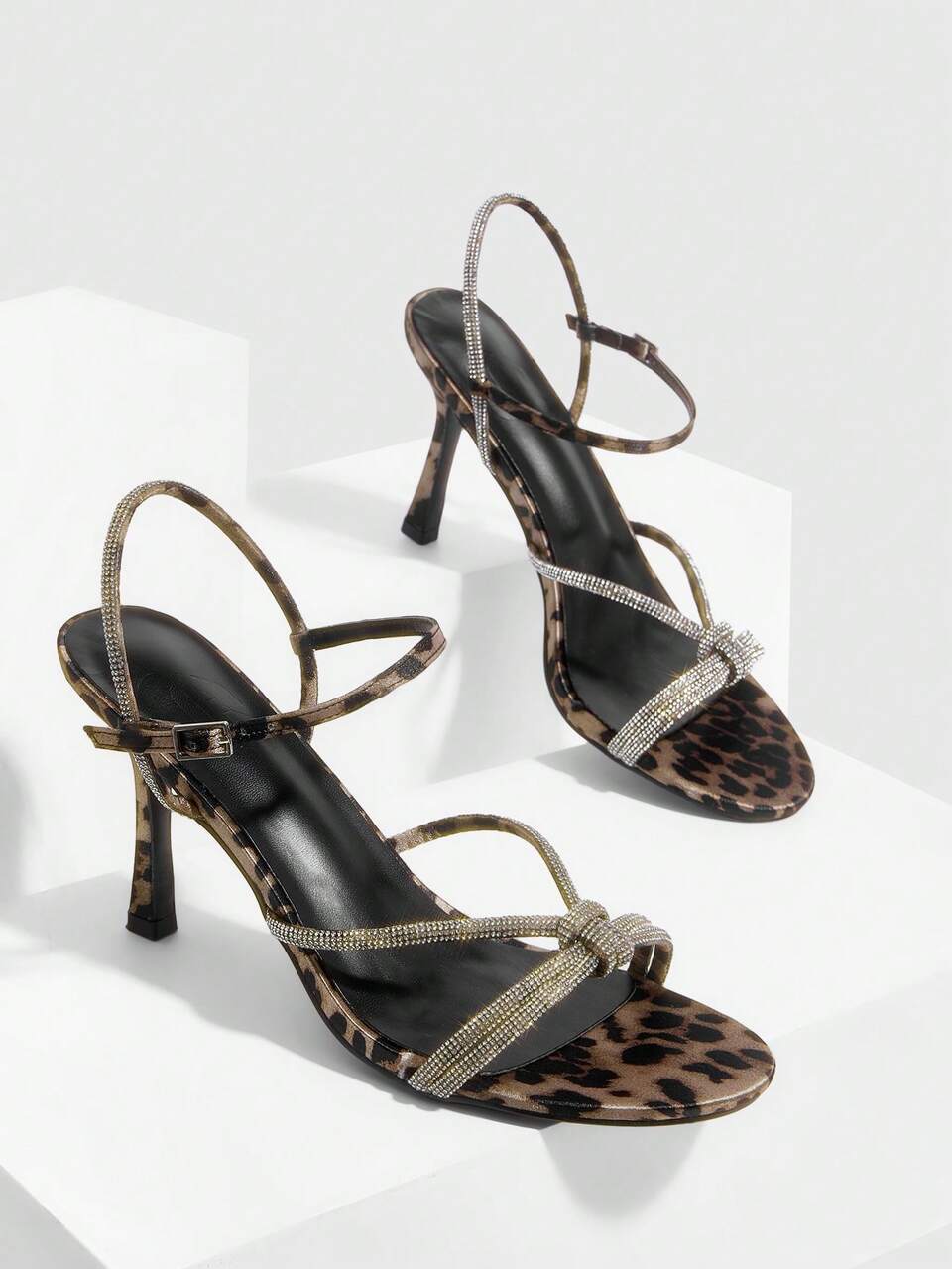 CUCCOO SZL Leopard Print Satin Stilettos With Silver Rhinestones Strap, Chic And Glamorous Pointed Toe Evening High Heel Sandals