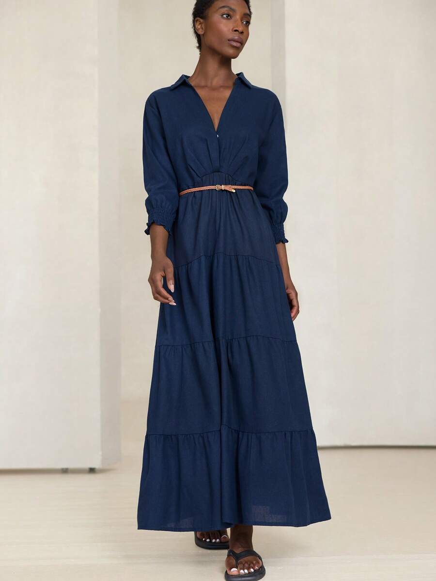 Aveloria Modichic New Linen Patchwork Ruffle Hem Long Dress, Elegant Design For Women - Navy Blue - View 1