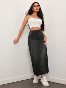 SHEIN EZwear 休闲水洗高腰牛仔长裙 - 黑色 - 查看 3