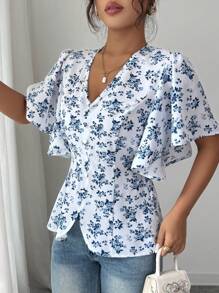 SHEIN Tall Women's Elegant Fitted Blouse With Deep V-Neck, Asymmetric Ruffle, Bell Sleeves And Blue Rose Floral Print On White Background, Suitable For Spring/Summer
