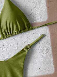 Swim Vcay 女士纯色性感比基尼套装，夏日海滩 - 橄欖綠 - 查看 4