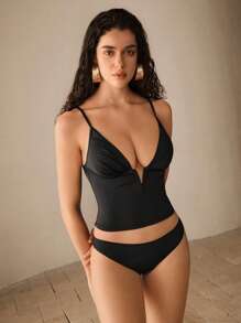 Anewsta Deep V-Neck Sling Backless Bikini Set For Summer Beach Vacation - Black - View 3
