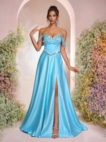 Glamrae Elegante y lujoso vestido de noche para mujeres con efecto degradado azul marino, adornado con strass, hombros descubiertos, abertura lateral sexy y dobladillo oversize; apto para eventos formales de noche - Celeste - Ver 6