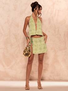 SHEIN BAE Spring And Summer Women's Minimalist Fitted Halter Tank Top, Casual Holiday Wear/Beach/Vacation - Green - View 3