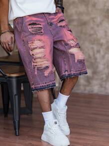 Manfinity Roughcore Men's Avant-Garde Burgundy Ripped Denim Bermuda Shorts, Perfect For A Bold Street Casual Look. These Heavily Distressed Jorts Offer An Edgy And Unique Style For Summer Comfort. - Burgundy - View 5