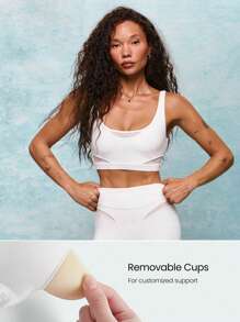 GLOWMODE FeatherFit™ Go Further Crew Neck Removable Cups Mesh Sports Bra Low Impact Yoga Pilates Barre Studio Daily Casual Wear - White - View 3