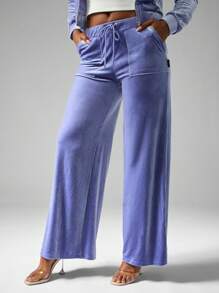 Missguided x Playboy 天鹅绒阔腿家居裤抽绳腰瑜伽休闲裤舒适秋冬裤 - 紫色 - 查看 2