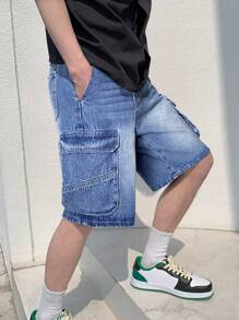 SHEIN Teen Boy Fashion Casual Blue Multi-Pocket Tooling Design Loose And Wide Legs Comfortable Short Jeans For Teen Boy Clothes Boys Costume Dailywear And Teen Boy Summer And Spring Clothes