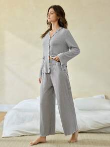Ocili 女士休闲柔软罗纹撞色荷叶边领长袖睡衣套装，适合假日、秋冬季穿着 - 灰色 - 查看 6