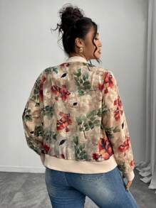 Elenzga Women's Plus Size Apricot Floral Bomber Jacket, Featuring A Casual Baseball Collar, Zipper Closure, And Long Sleeves In A Lightweight Woven Fabric, Perfect Short Outerwear. Fall Winter Cloth For Women Autumn - Apricot - View 2