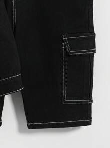 SHEIN 男童两件套时尚休闲复古Y2K清新舒适宽松黑色牛仔翻领长袖外套和一套舒适透气弹力紧身牛仔短裤，适合儿童日常穿着，也适合春夏派对、节日和海滩穿着。 - 黑色 - 查看 4