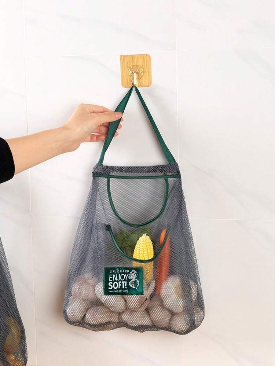 1pc Large Capacity Double Layer Hanging Mesh Storage Bag, Reusable Bag, Fruit And Vegetable Bag - Green - View 1