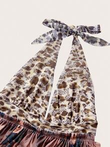 TryMe Colorblock Halter Open Shoulder Dress For Women Vacation Grey Leopard Print Leopard Print Summer Boho Breezy European Tropical Beach Vacation - Multicolor - View 3