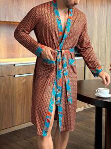 SHEIN Men's Printed Patchwork Double Pocket Long Sleeve Robe, Fall - Multicolor - View 1