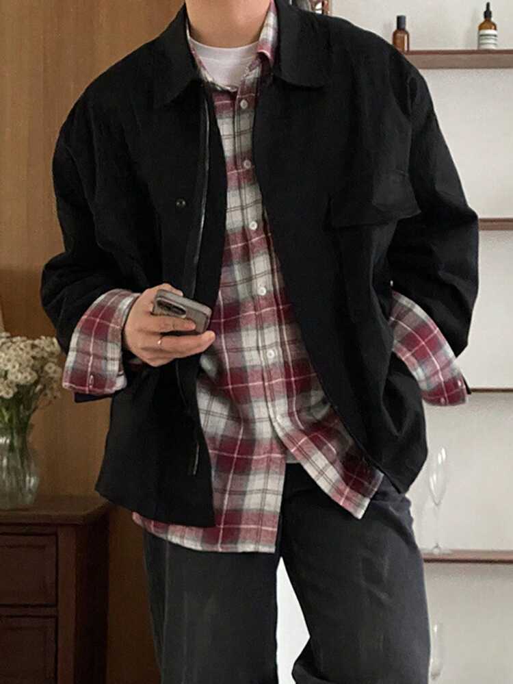 Black Zipper Pocket Snap Button Design Men's Jacket And Coat, Spring & Autumn