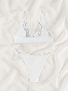 Swim Basics Women's Simple Solid Color O-Ring Detail Split Bikini Swimwear Set, Summer Beach Vacation - White - View 2