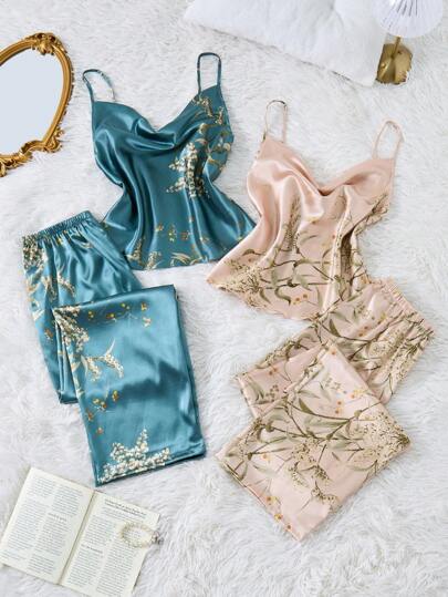 4件套花卉印花吊带背心和休闲裤套装，适合少女，蓝色和香槟色