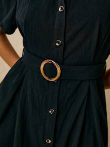 Poéselle 女式休闲纯色前扣迷你连衣裙，夏季 - 黑色 - 查看 5