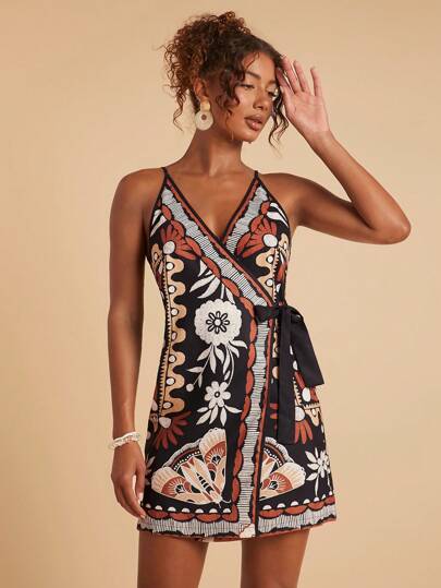 Travachic Sleeveless Black Short Dress With Pattern And Wrap Detail For Summer Resort Dress, Short Vacation Dress, Christmas Outfit, New Year Clothes, Thanksgiving, Chic Elegant Dress For Party, Luxury Wedding Guest Party Dress