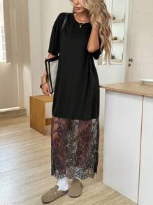 Easowa 纯色圆领短袖宽松休闲蕾丝连衣裙，适合外出通勤 - 黑色 - 查看 4