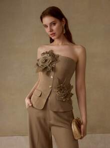 MOTF PREMIUM ملابس علوية مزينة بأزهار خرزية ثلاثية الأبعاد أنيقة للنساء - كاكي - مشاهدة 8