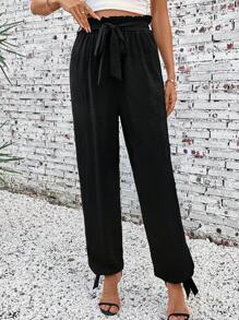 SHEIN Tall Damen Lässig Hose mit Taillenband und geraffter Taille, Herbststoff für Frauen, große Frauen - Schwarz - Übersicht 1