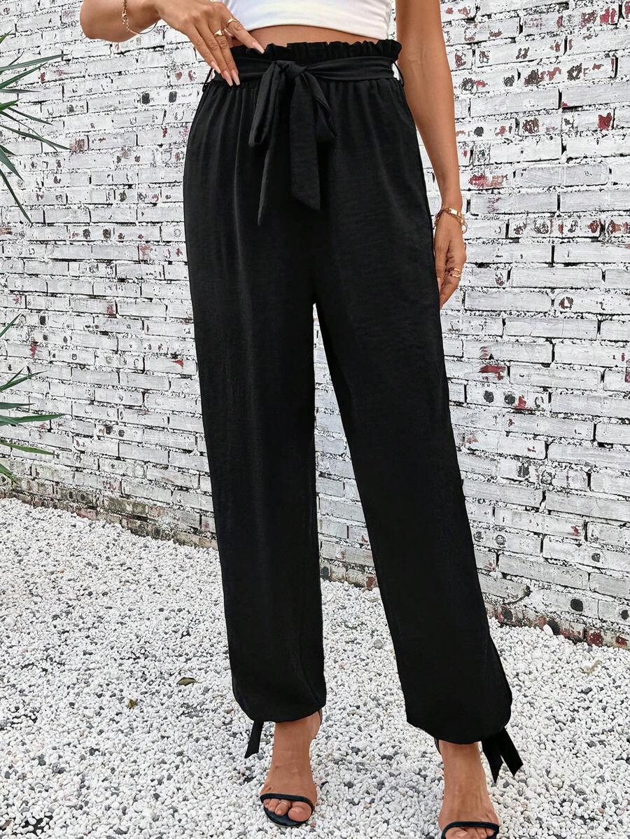 SHEIN Tall Damen Lässig Hose mit Taillenband und geraffter Taille, Herbststoff für Frauen, große Frauen - Schwarz - Übersicht 1