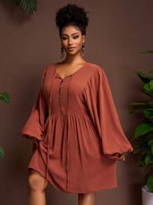 Slaydiva Casual, Versatile, Loose Fit, Vacation, Cruise Travel, Beach Wear Women Plus Size Front Button Tie Sleeve A-Line Dress - Brown - View 10