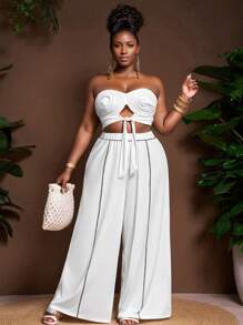 Slaydiva 2025 Spring Summer New White All White Outfit, Beach Vacation Style Matching Set, Country Concert Women Plus Size 2-Piece Set With Bustier, Tie Waist And Embroidered Details - White - View 6