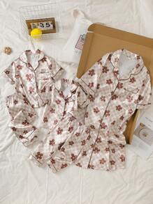Aprikosen-Blume Muster-Langhemdkleid für Damen, stilvolles und süßes lässiges Nachtwäsche-Pyjama-Set mit Blumenkaromuster, Seidenpyjama-Set, Vintage-Pyjama-Set