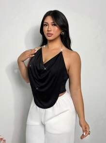 Firerie Top de tirantes con cuello de volantes multicapa elegante y brillante con cadena de strass, adecuado para eventos de primavera/verano, tallas grandes - Negro - Ver 3