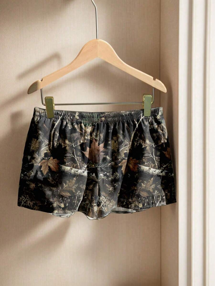 SHEIN EZwear 女式低腰休闲复古树叶印花图案修身短裤，右侧单口袋，适合夏季海滩度假，20% 棉 - 白色 - 查看 1