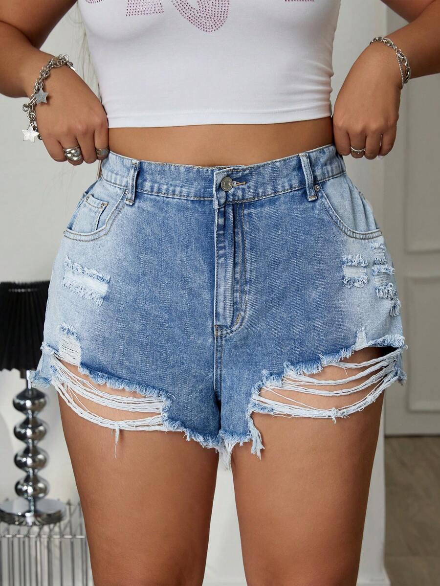 SHEIN ICON 大码女式时尚休闲水洗破洞牛仔短裤